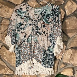 Floral bird front tie kimono